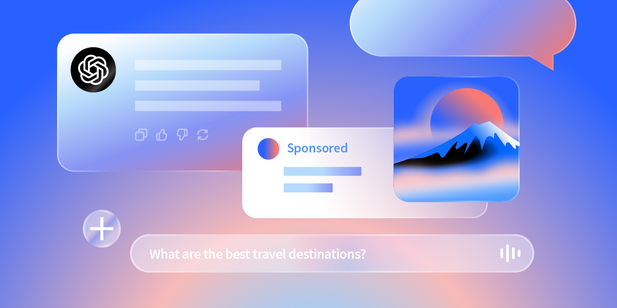 Abstract ChatGPT ads interface with a sponsored card, image tile, and travel prompt on a blue gradient background.