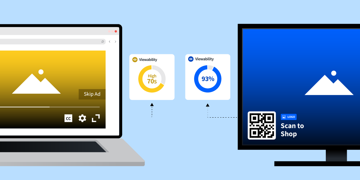 Icon-style images of a laptop and television screen with circle charts between them. 