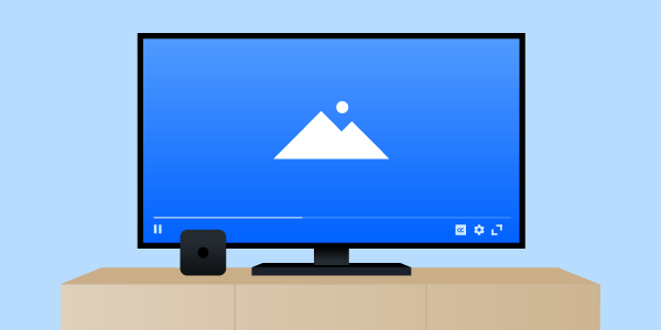 An flat icon-style image of a television screen on a television stand with a video playing. 